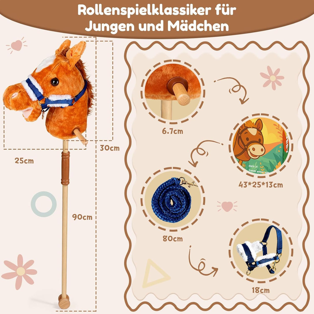 IEEILULU Hobby Horse, Steckenpferd Kinder Rosa, Holzpferd für Draussen mit Hobby Horse Trense, Räder