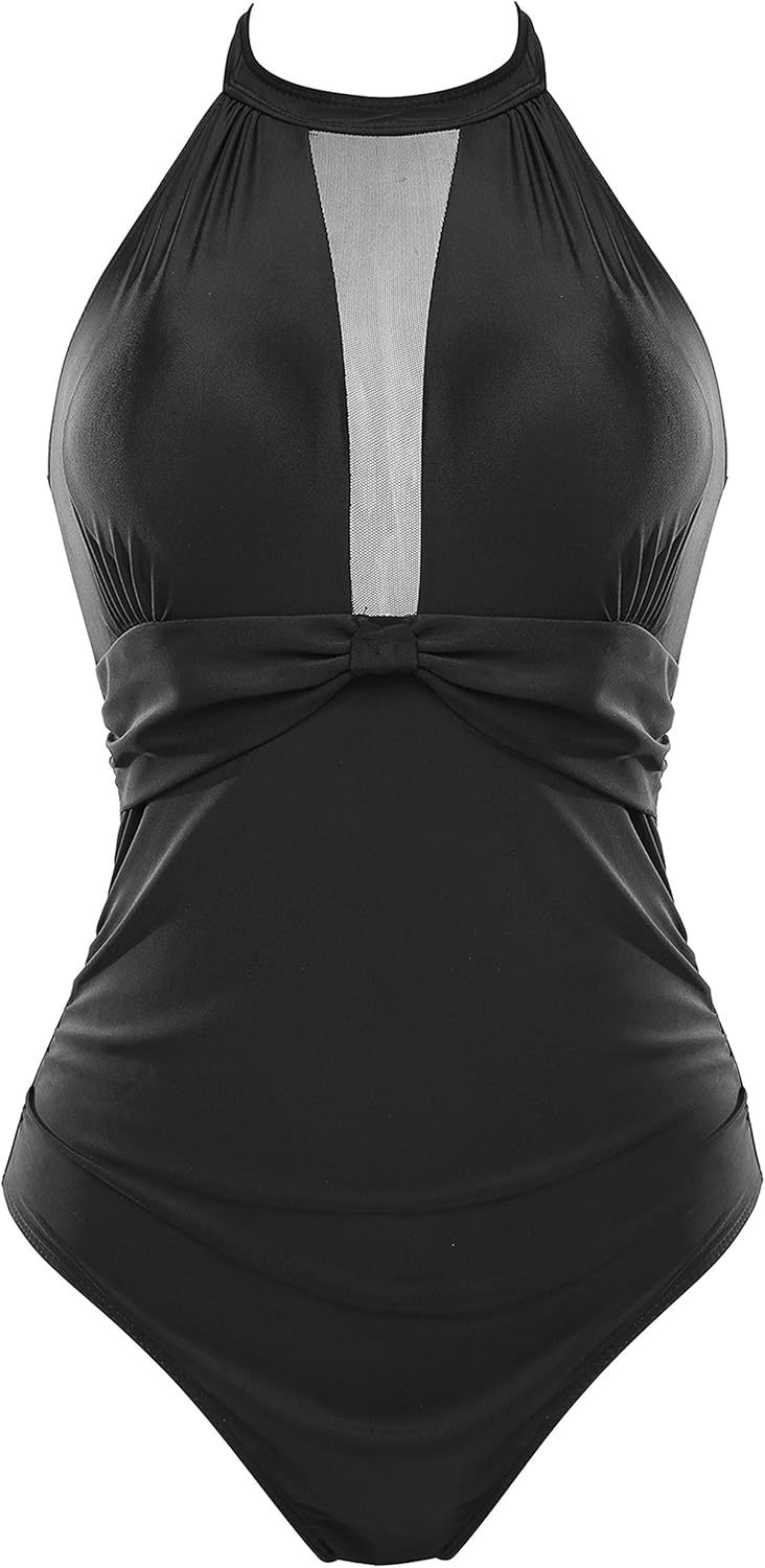 Eomenie Damen-Badeanzug, Einteiler, Bauchkontrolle, hohe Taille, Ausschnitt, Wickelband im Rücken, 1