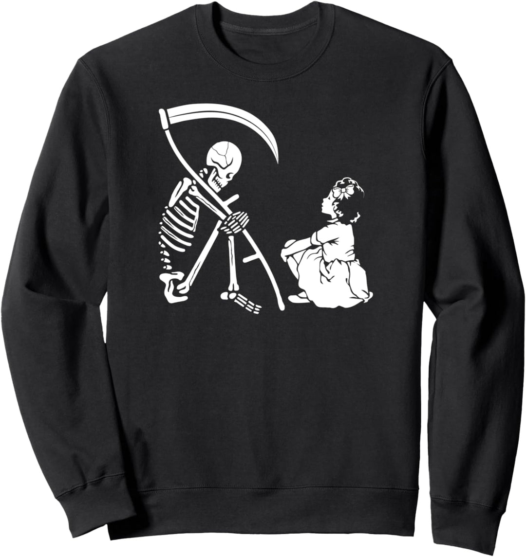 Girl Befriends Death Reaper Skeleton and Skull Dark Humor Sweatshirt