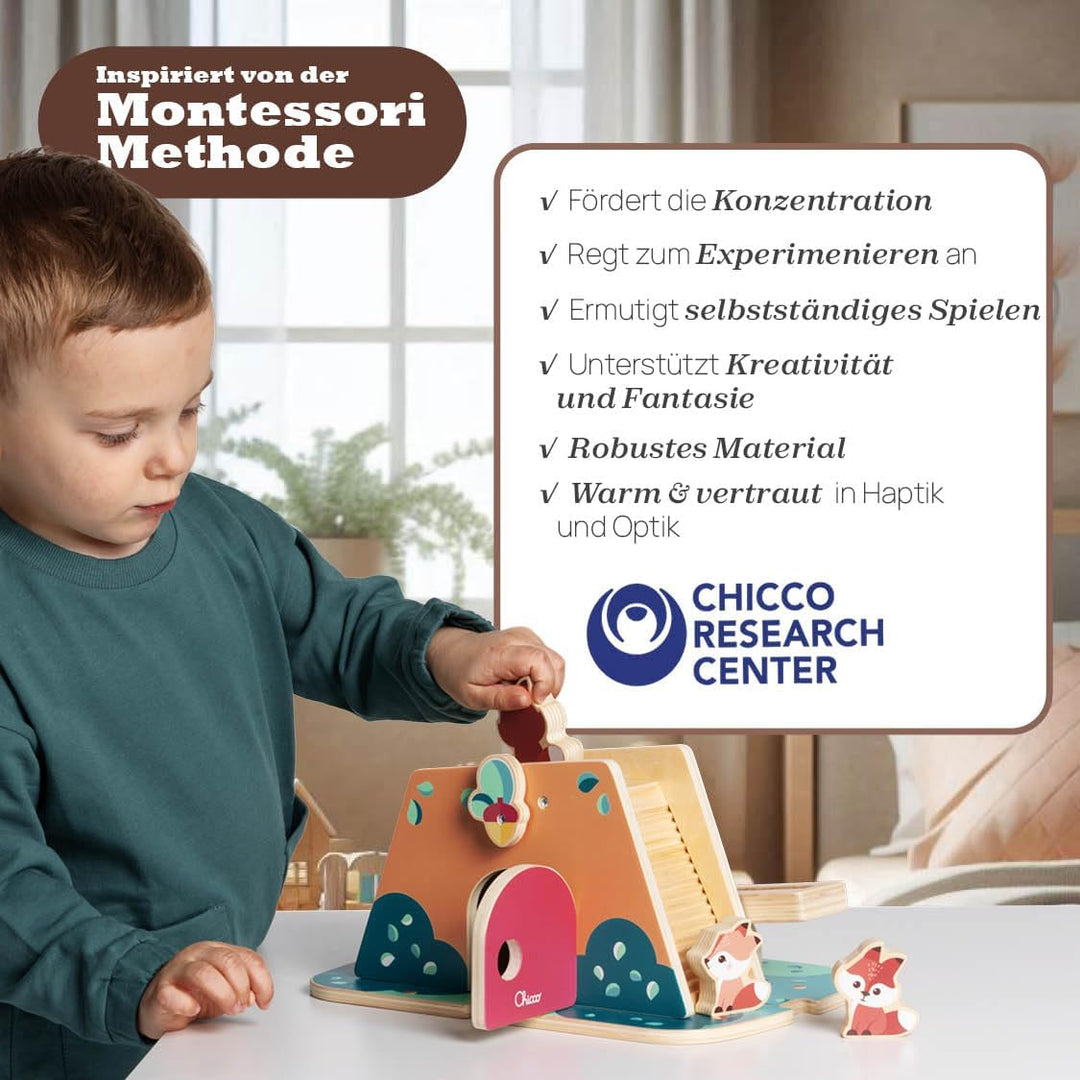 Chicco, Holzspielzeug, Der Fuchsbau, Montessori-Spiel, 3 Exklusive Figuren, Balance-Aktivitäten, Ent