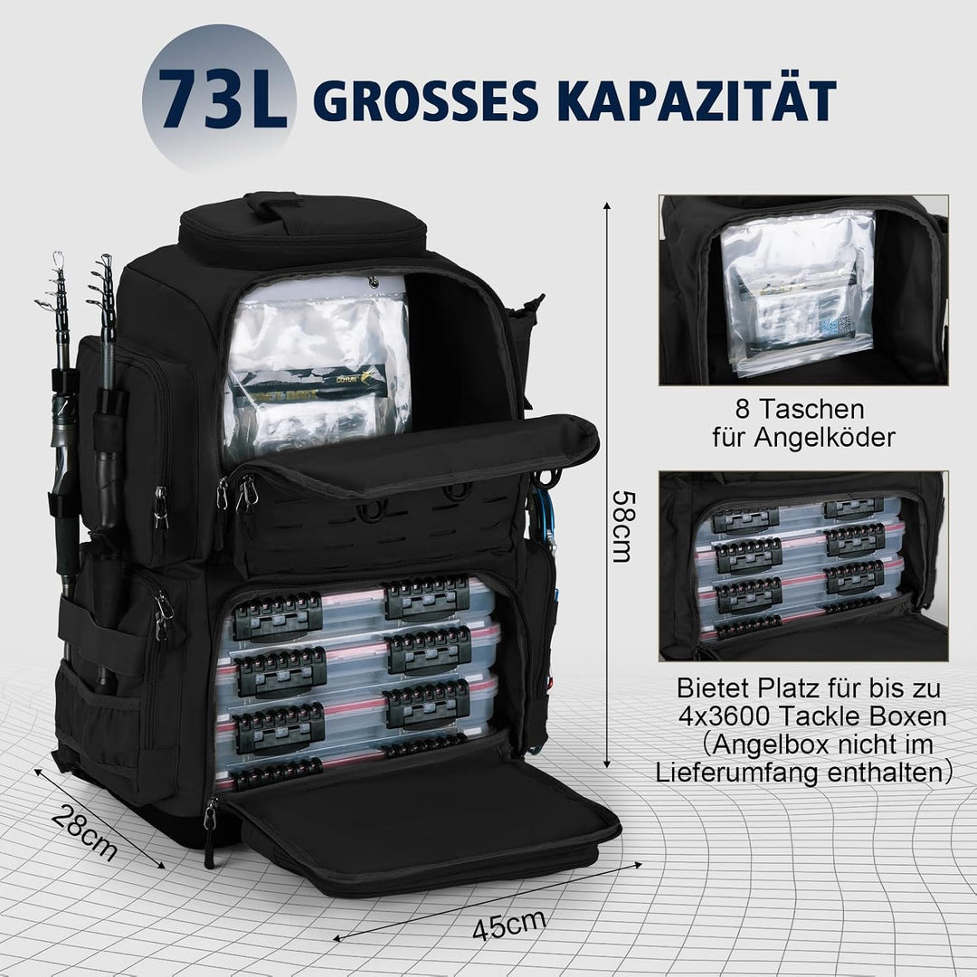 Goture Angelrucksack, 73-Liter Angelzubehör-Rucksack mit Zwei Rutenhaltern und Regenschutz, 600D Oxf