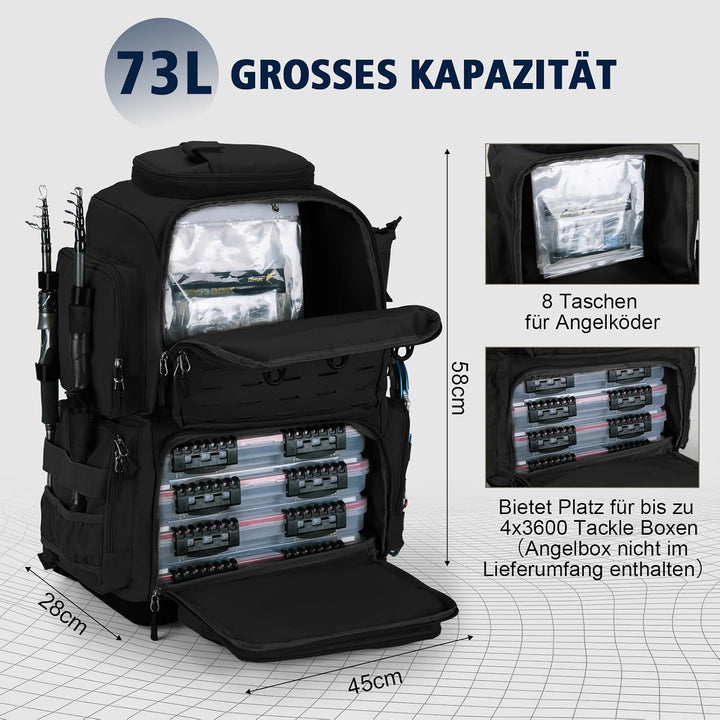 Goture Angelrucksack, 73-Liter Angelzubehör-Rucksack mit Zwei Rutenhaltern und Regenschutz, 600D Oxf