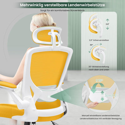 KERDOM Bürostuhl Schreibtischstuhl Ergonomisch mit Verstellbarer Kopfstütze 9060H-C Gelb, 9060H-C Ge