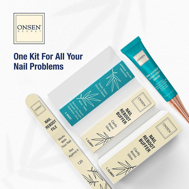 Onsen Secret Japanese Nail Kit - Cuticle Care Oil Serum | Nail Buffer and Shine Kit - Strengthening