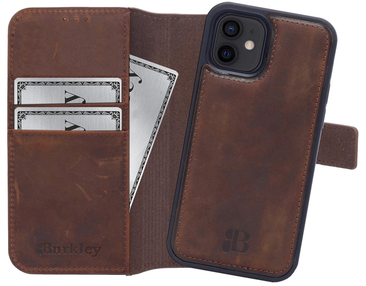 Burkley 2in1 Leder Handytasche für iPhone 12 Mini Handyhülle mit herausnehmbarem Back Cover, 360° Sc