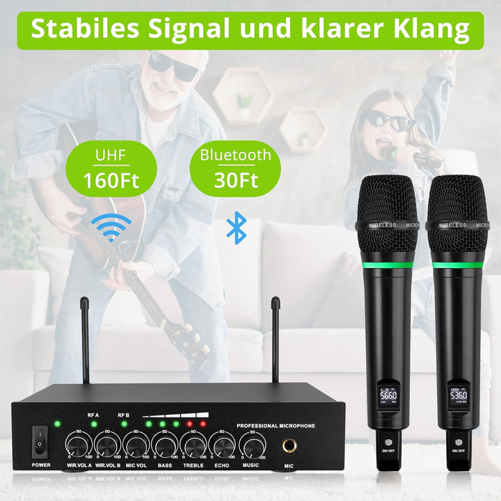 LiNKFOR Drahtloses Mikrofon UHF-Wiederaufladbares Bluetooth 5.0 Dual Handheld Metall Mikrofonsystem