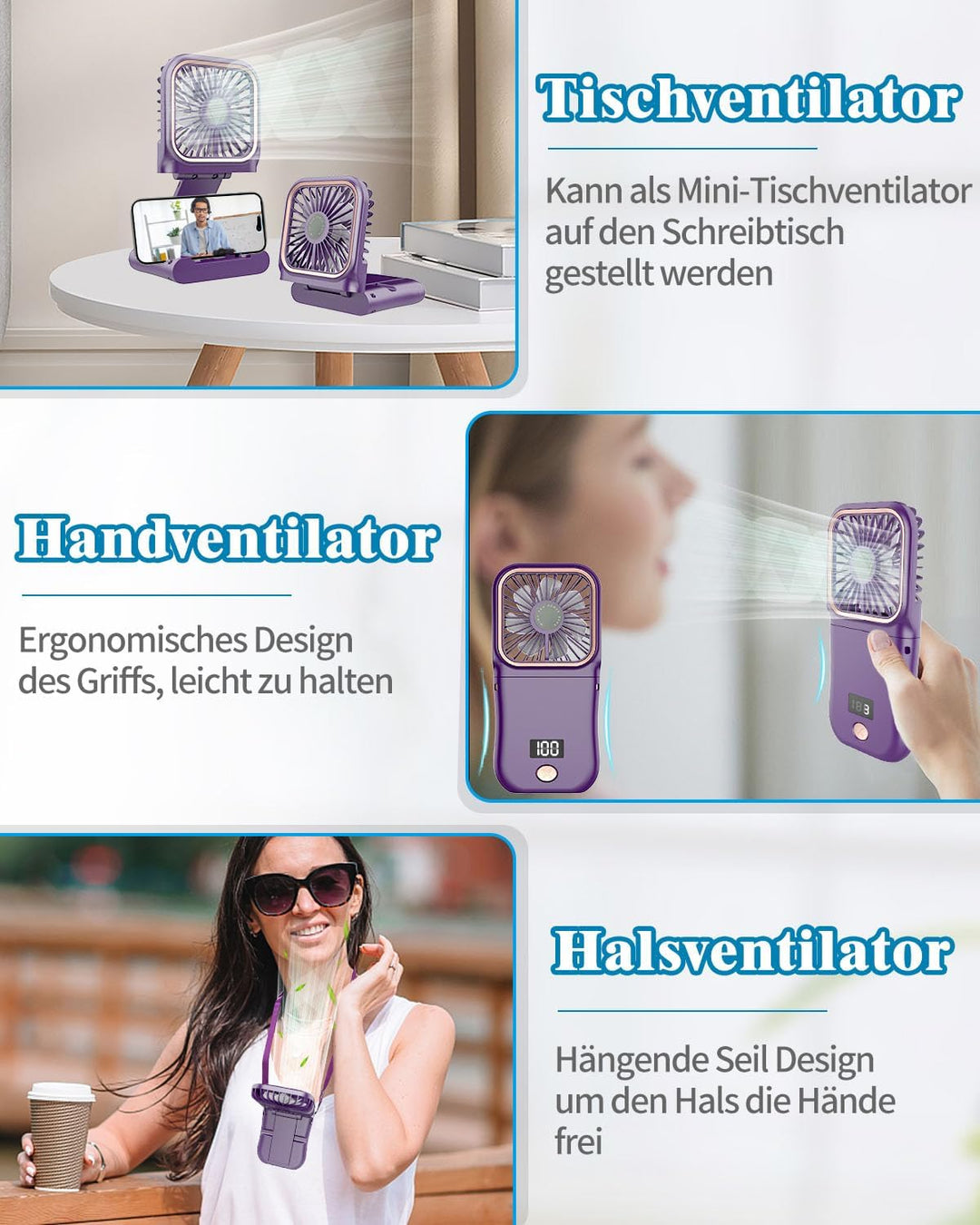 DDKJ Handventilator, Tragbarer Mini Ventilator Hand, 3 Geschwindigkeiten Portable Fan Klein (180°sch
