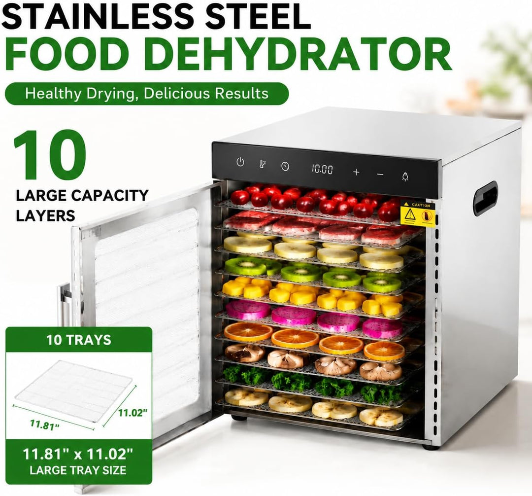 800 Watt Dörrautomat, Food Dehydrator mit 10 Edelstahlschalen LED Touch Control Design, Einstellbare