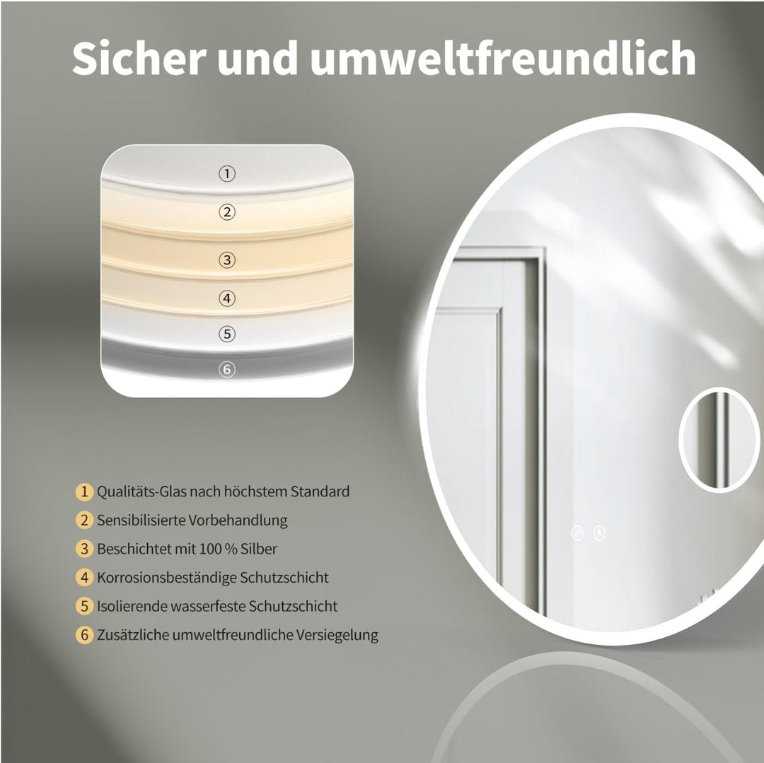 HOKO® Runder LED Badspiegel 80cm Hamburg. Designspiegel mit KOSMETIKSPIEGEL 3-Fach, Bad Spiegel LED