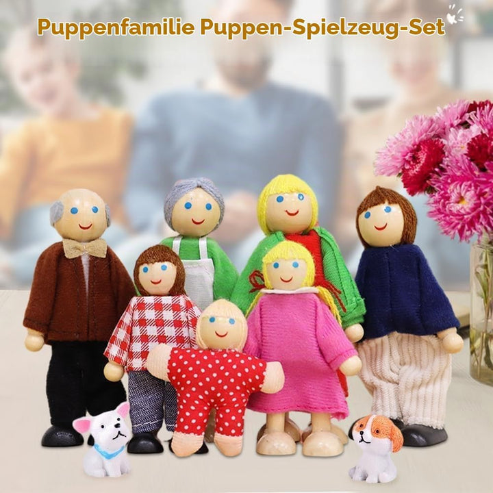 Hölzerne Puppenhaus Puppen Familie Set mit Katze und Hund, 9 Stück Verstellbare Familienpuppen Figur