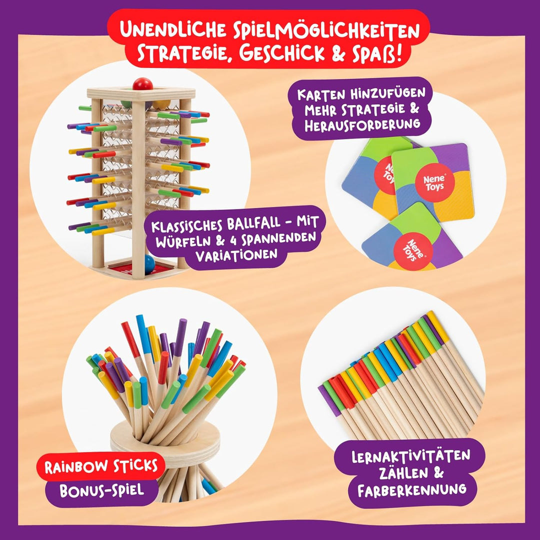 Nene Toys BALLFALL, Montessori Spielzeug ab 3 Jahren – Holzspiel für Kinder – Lernspiel mit Stäbchen