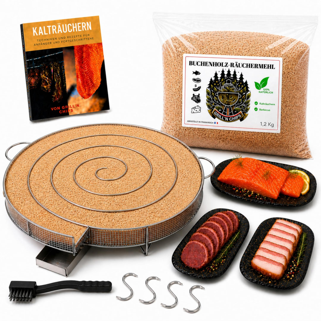 Kaltrauchgenerator (30 cm)/Räucherschnecke für Räucherofen Fleisch und Fisch + 1,3 kg Räuchermehl Bu