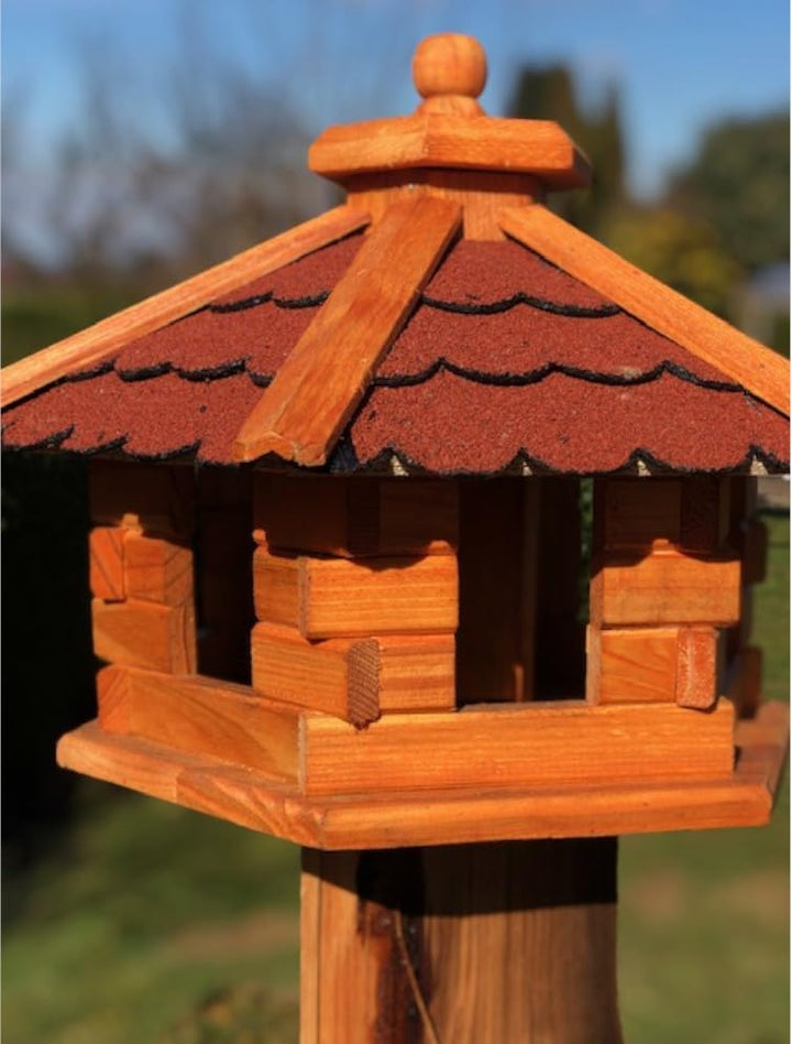 Handgefertigtes Sechseck Vogelhaus aus Holz wetterfest M - XXL wahlweise mit und ohne Ständer, Futte