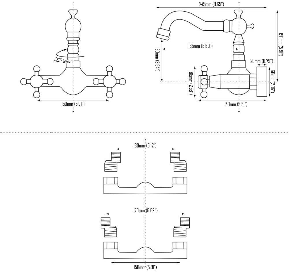 Hiendure® Wandmontage Zwei Griffe 2-Loch Küchenarmatur Spültischarmatur Aus Messing Keramik-Kartusch