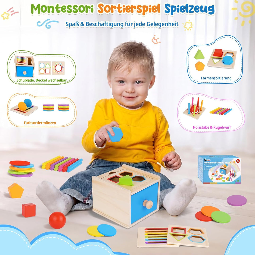 FCSONU Montessori Spielzeug ab 1-3 Jahr|Sortierspiel Feinmotorik Steckspiel | 3in1: Holz Farbe Sorti