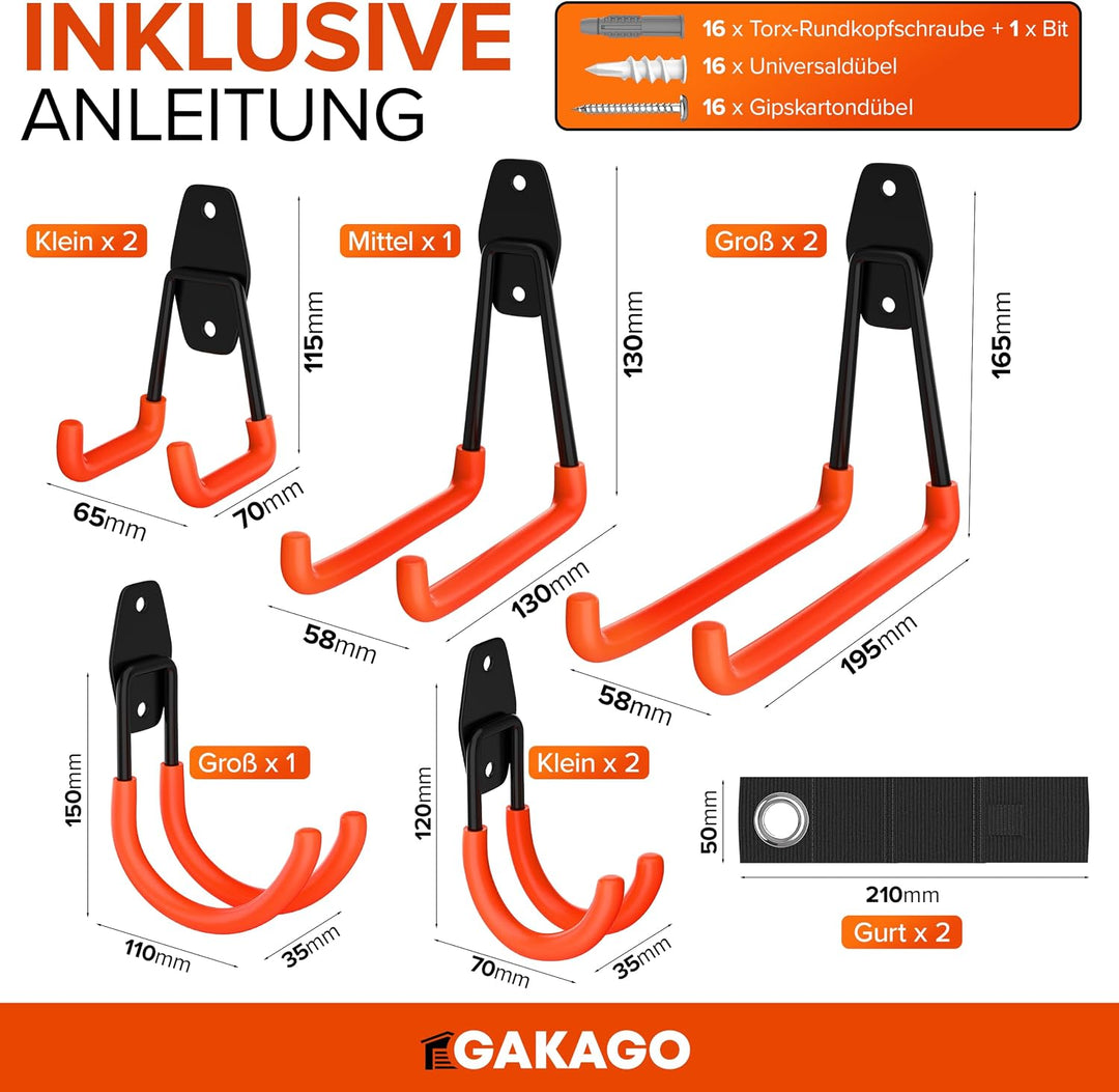 Gakago Gerätehalter Wandhalterung – 10er Garagenhaken Set inkl. Dübel, Schrauben &amp; Anleitung – Werkz