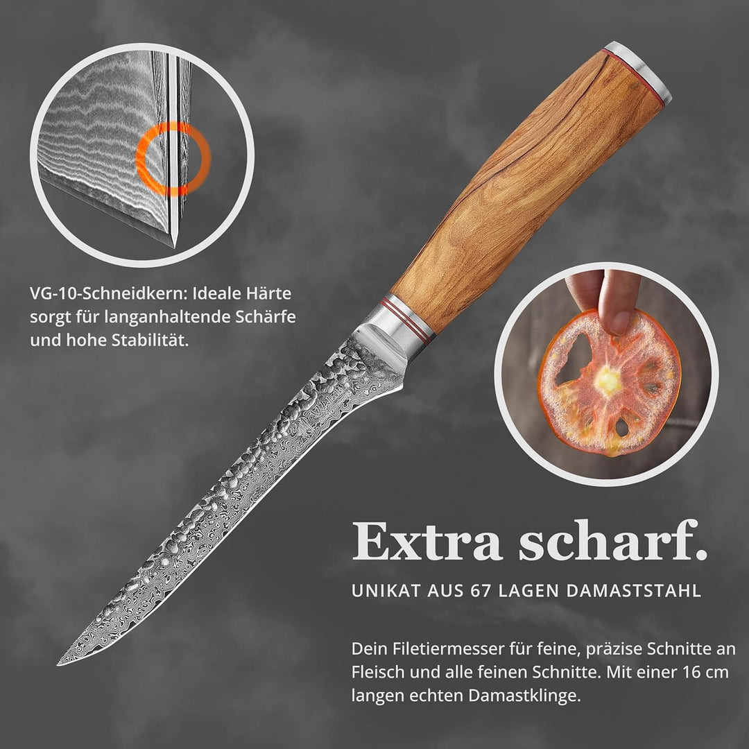 Wakoli Olive HS Damastmesser Ausbeimesser & Filetiermesser I 16 cm Klinge gefertigt aus 67 Lagen edl