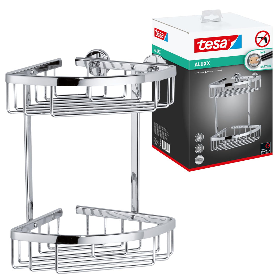 tesa ALUXX Duschablage für die Ecke, zweistöckig, Aluminium, verchromt, rostfrei, inkl. Klebelösung,
