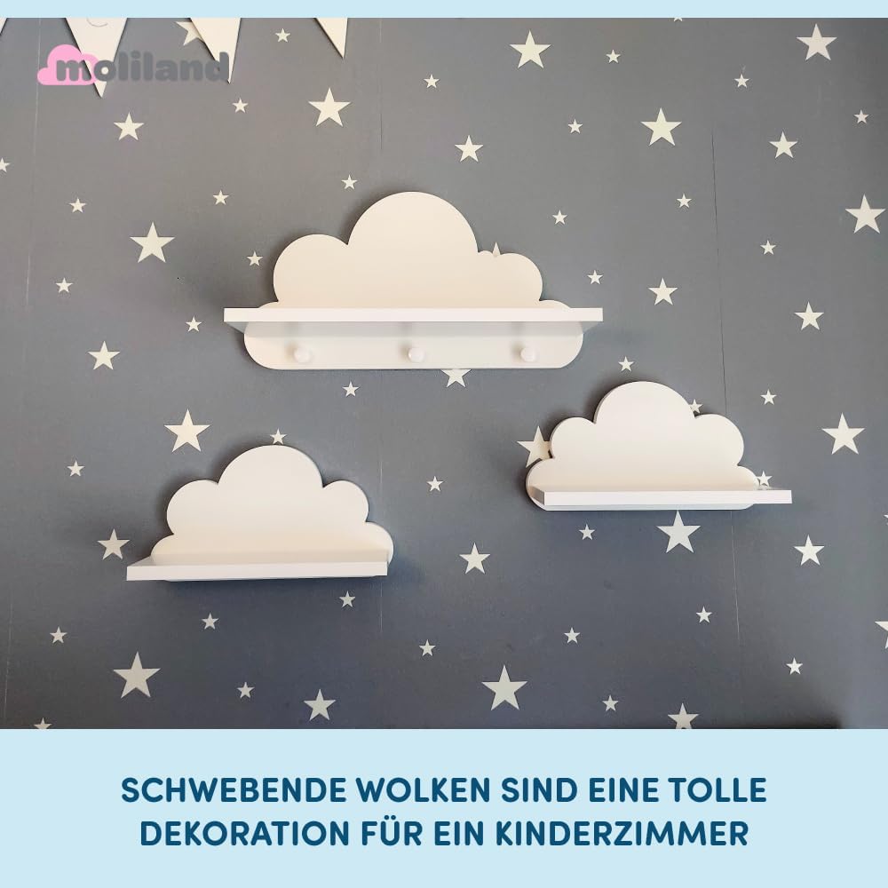 3er Set Wandregal Kinderzimmer Weiss | Babyzimmer Wolkenregal für Bücher, Spielzeug, Dekoration | Re