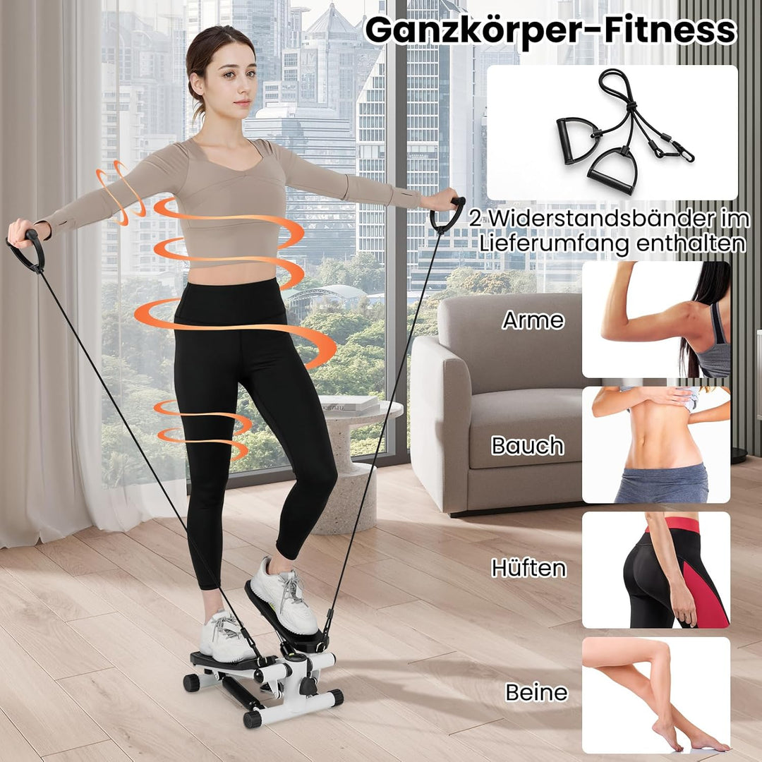 GYMAX Mini Stepper für Zuhause, Up-Down Stepper mit Power Ropes, LCD-Monitor & 5-stufige höhenverste