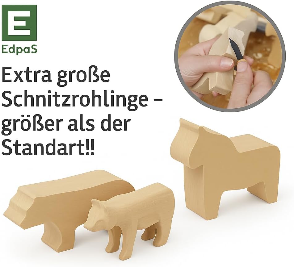 EdpaS Schnitzrohlinge gross aus Lindenholz Tierfiguren Bär Spatz und Dala Pferd - Schnitzholz, Holzr