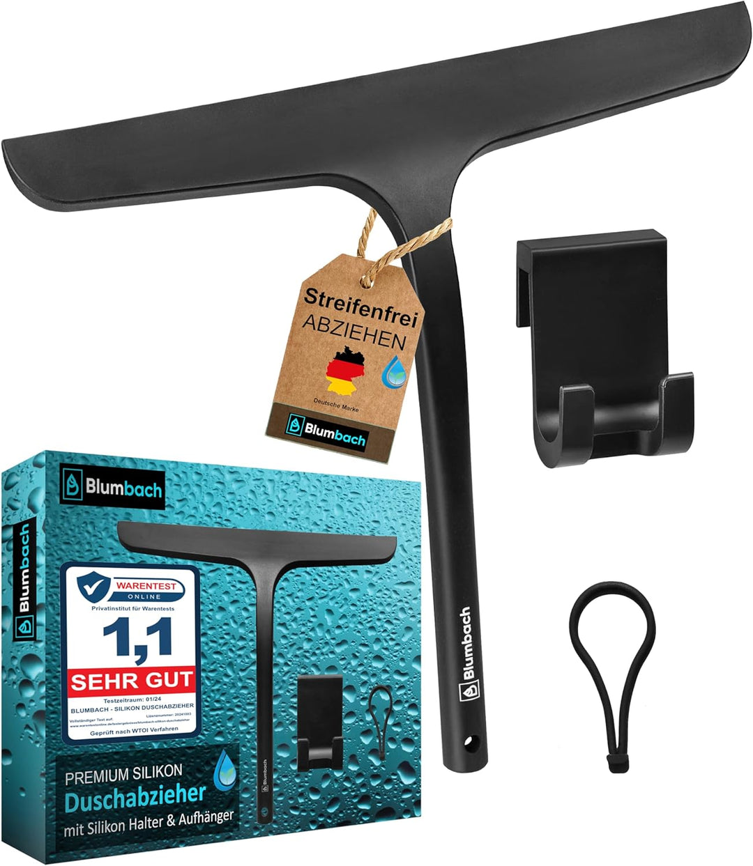 Duschabzieher schwarz, BLUMBACH® Abzieher Dusche mit Halterung 28 cm breit, Fensterabzieher Silikon