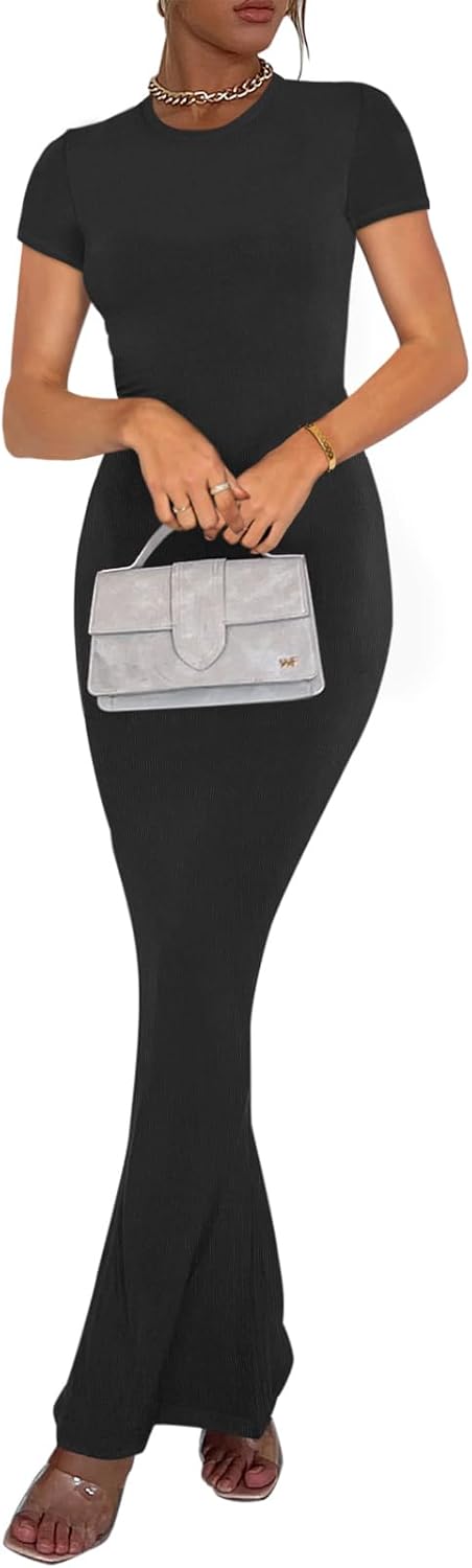 REORIA Damen Sommer Casual Lounge Langes Kleid Elegant Kurzarm Rundhalsausschnitt Figurbetontes Maxi