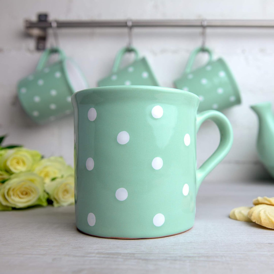 City to Cottage® - Keramik XXL Becher 500 ml | Kaffeebecher | Türkis und Weiss | Polka Dots | Handge