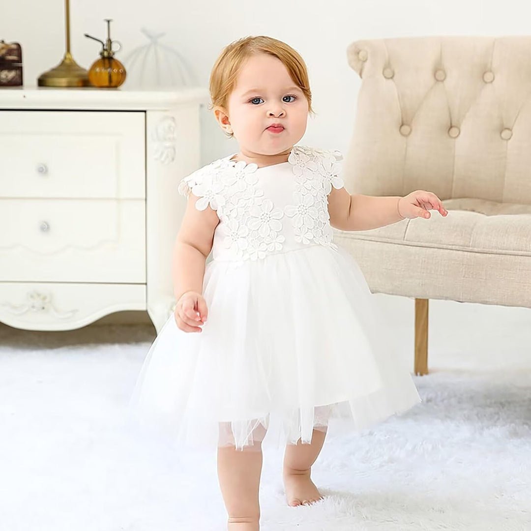 Baby Mädchen Weiss Taufkleid mit Haube Neugeborenen Taufe Kleid Spitzenkleid für Hochzeit Geburtstag
