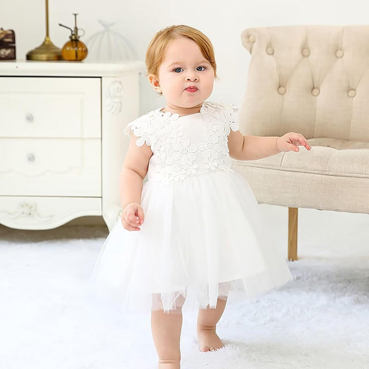 Baby Mädchen Weiss Taufkleid mit Haube Neugeborenen Taufe Kleid Spitzenkleid für Hochzeit Geburtstag