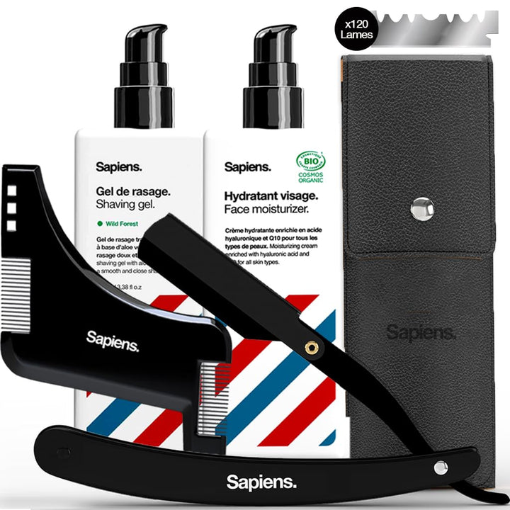 Sapiens Barbershop Barbier Rasierset - Rasiermesser, 120 Rasierklingen, Transparentes Rasiergel, Feu