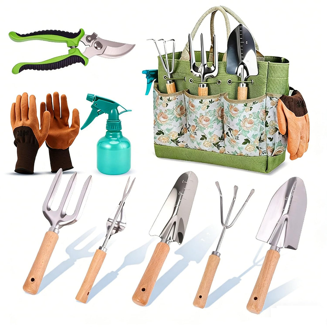 9 Stück Gartenwerkzeug-Set, Edelstahl Gartengeräte mit Tragetasche, Rostfreies und ergonomisches Gar