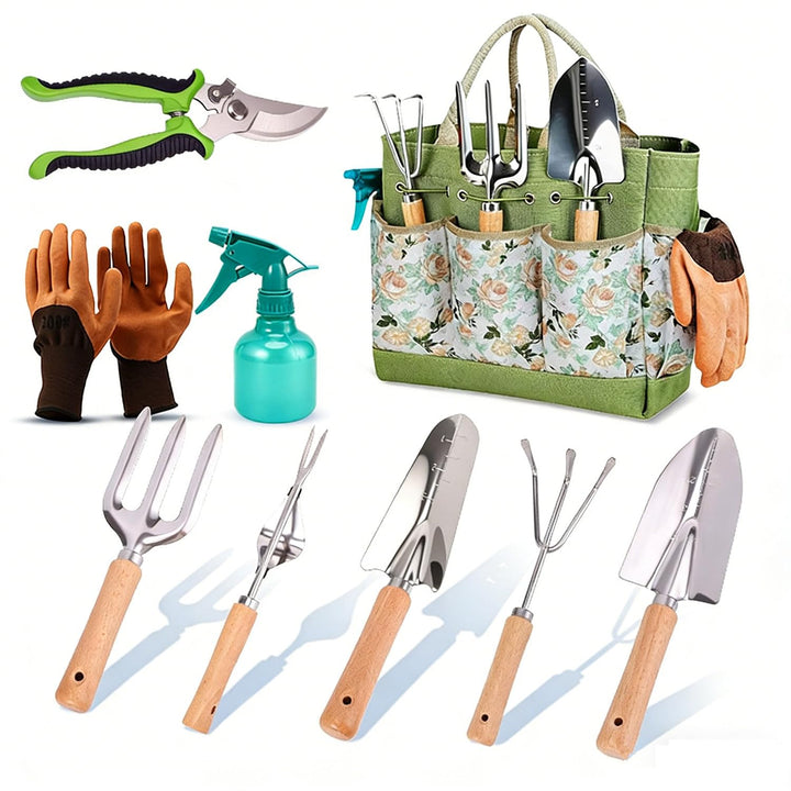 9 Stück Gartenwerkzeug-Set, Edelstahl Gartengeräte mit Tragetasche, Rostfreies und ergonomisches Gar