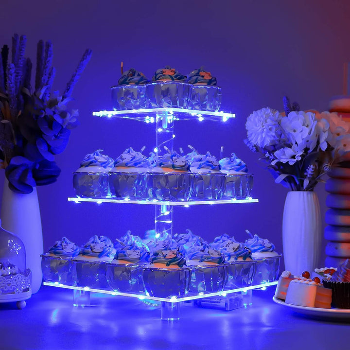 3 Etagen Cupcake Ständer, Blau LED Lichterkette de Tortenständer Acryl für Hochzeit, Party, Geburtst
