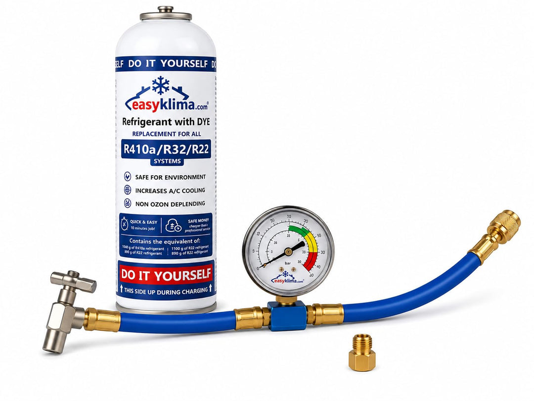 EasyKlima R410A R32 R22 400g/725ml Nachfüllset mit Manometer &amp; Adapter – Kältemittel inkl. Servicesc