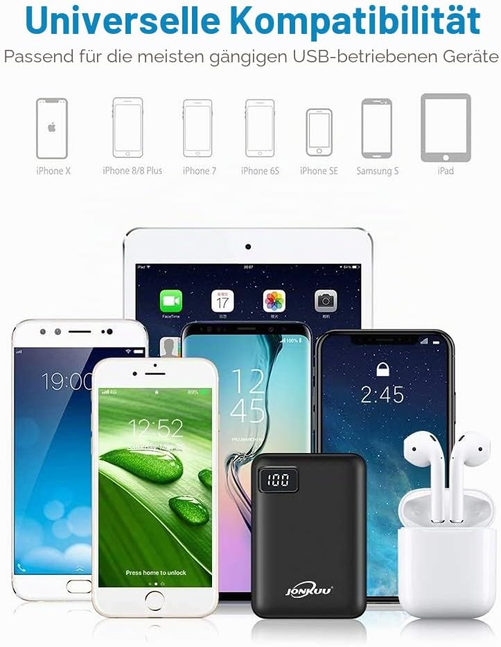 JONKUU Powerbank 10000mAh Externer Akku Klein 2 USB Port Power Pack Kompakt Handy Mini Tragbares Lad