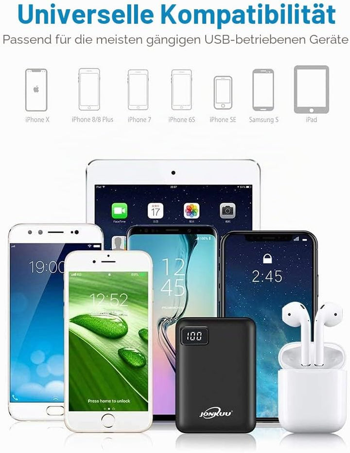 JONKUU Powerbank 10000mAh Externer Akku Klein 2 USB Port Power Pack Kompakt Handy Mini Tragbares Lad