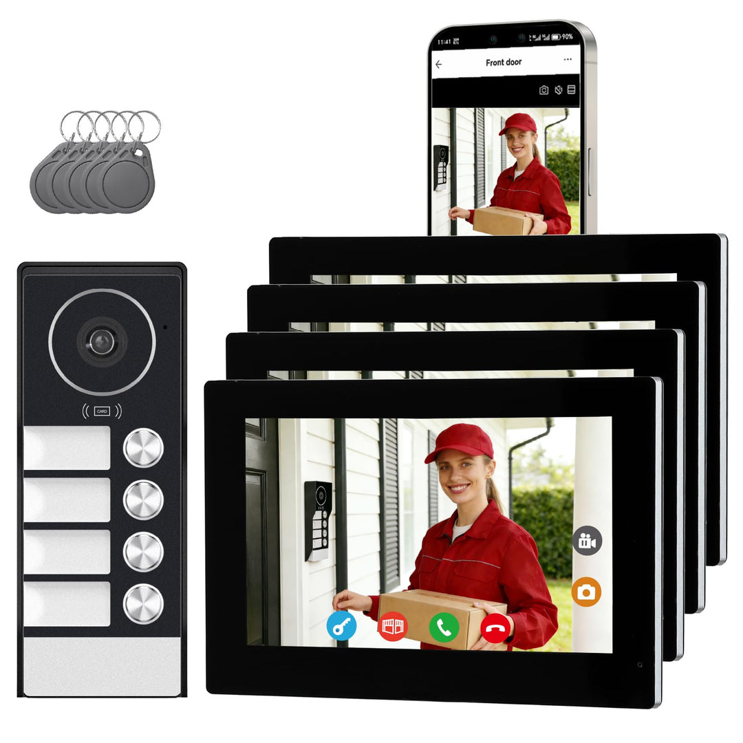 Video Türsprechanlage für 4 Familienhaus, 2-Draht, 4X 7 Zoll Monitor &amp; App - Smarte Video Türklingel