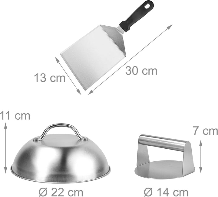 Relaxdays Smash Burger Set, 3-teilig, Burgerpresse mit Schmelzglocke & Grillspachtel, Patty Maker, E