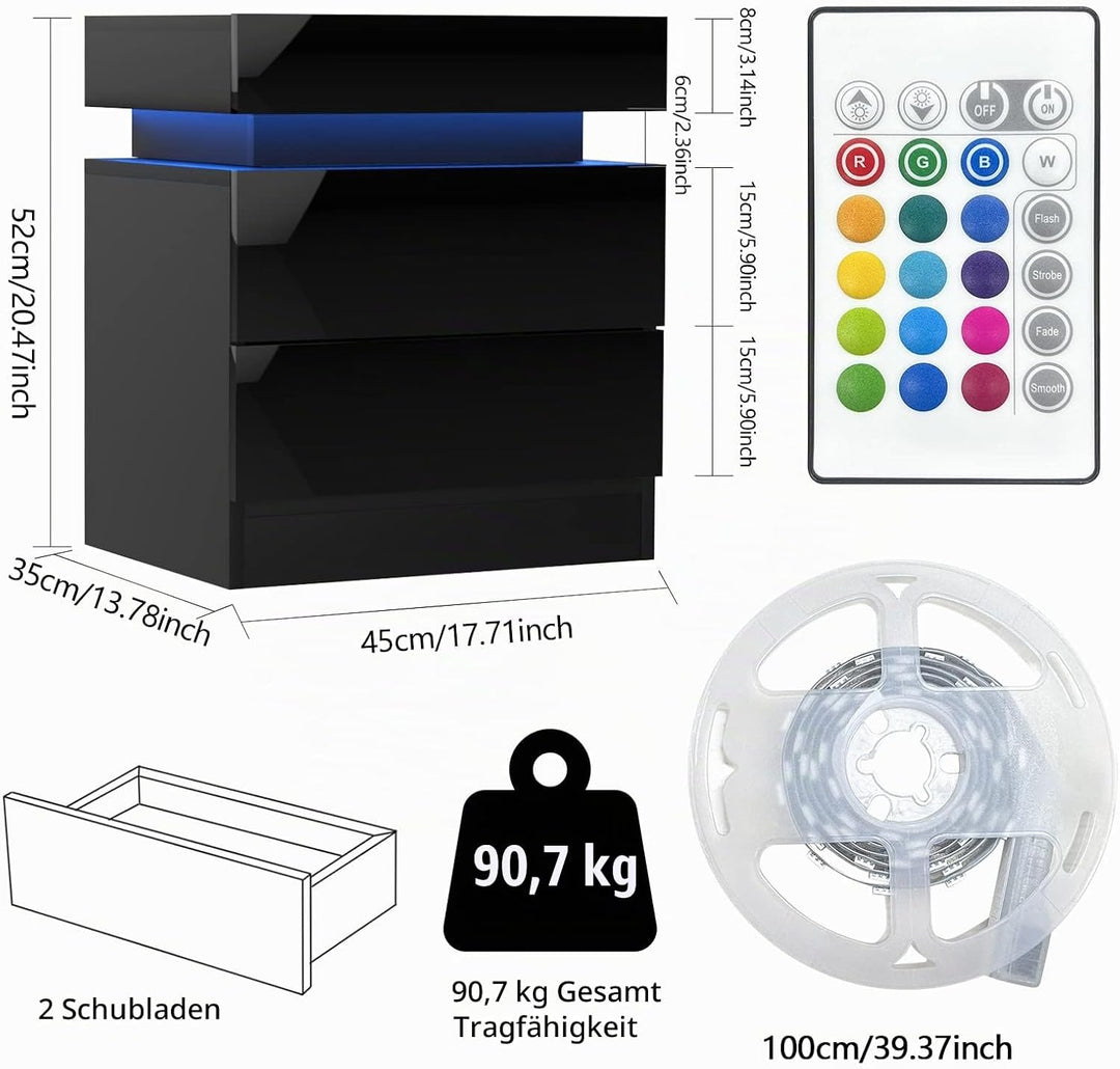 Lvhcmfohm Nachttisch Schwarz 2er Set, Nachtschrank mit Led Licht, Nachtkommode mit 2 Schubladen und