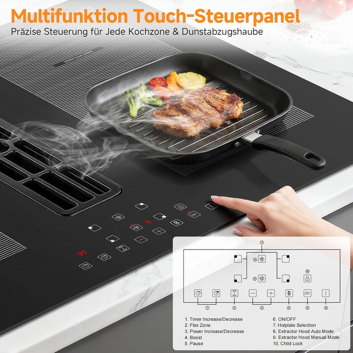 AMZCHEF Induktionskochfeld mit integriertem Dunstabzug 7200W, 4 Kochzonen, Autarkes Muldenlüfter-Koc