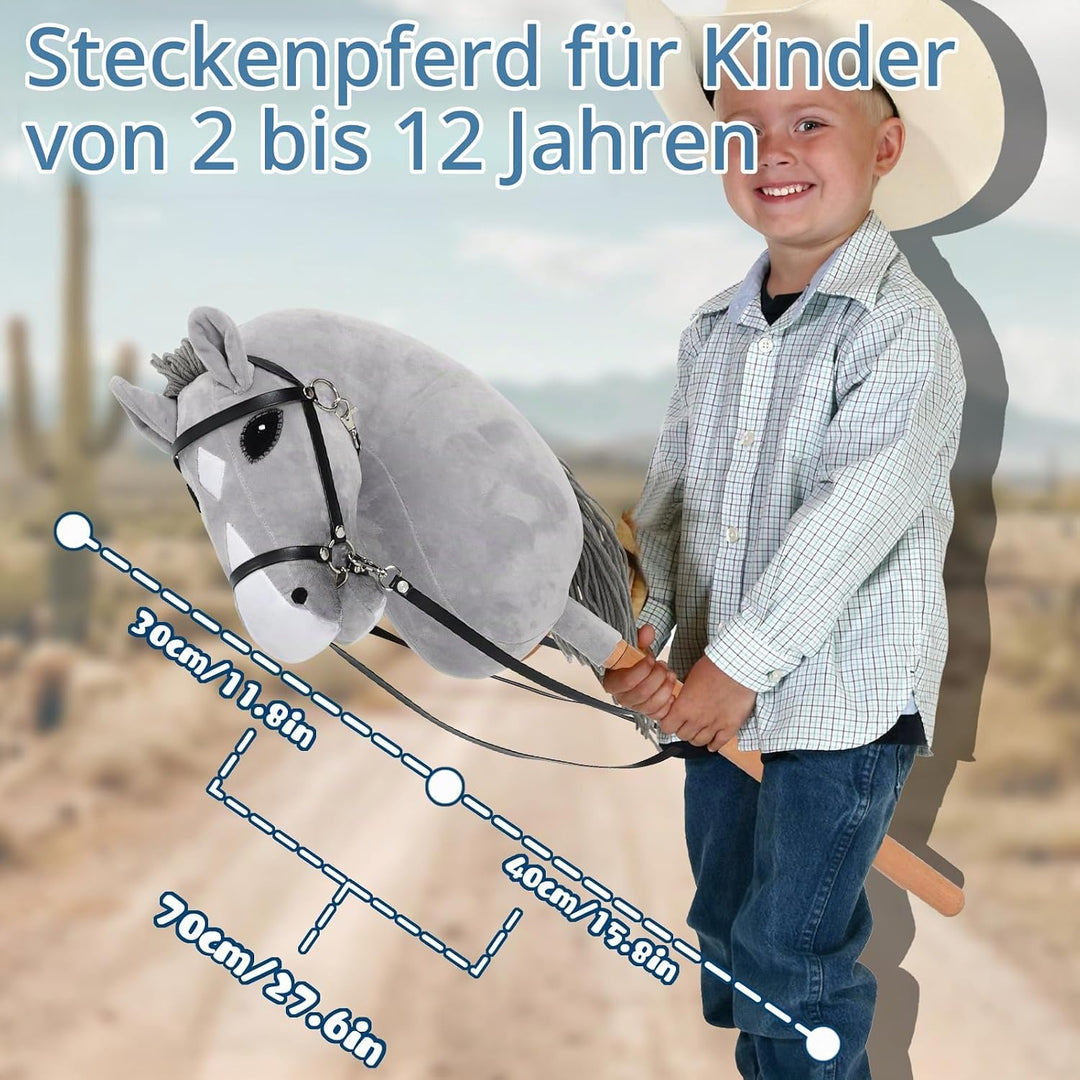 Hobby Horse für Kinder, Steckenpferd Spielzeug Pferd mit Halfter und Zügeln, Holzpferd Plüschpferd S