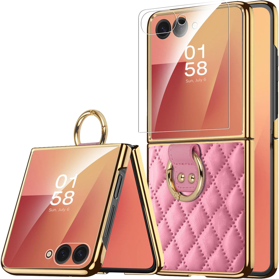 Miimall Lederhülle Kompatibel mit Samsung Galaxy Z Flip 7 Hülle mit Ring Ständer & Kameraschutz [Lux