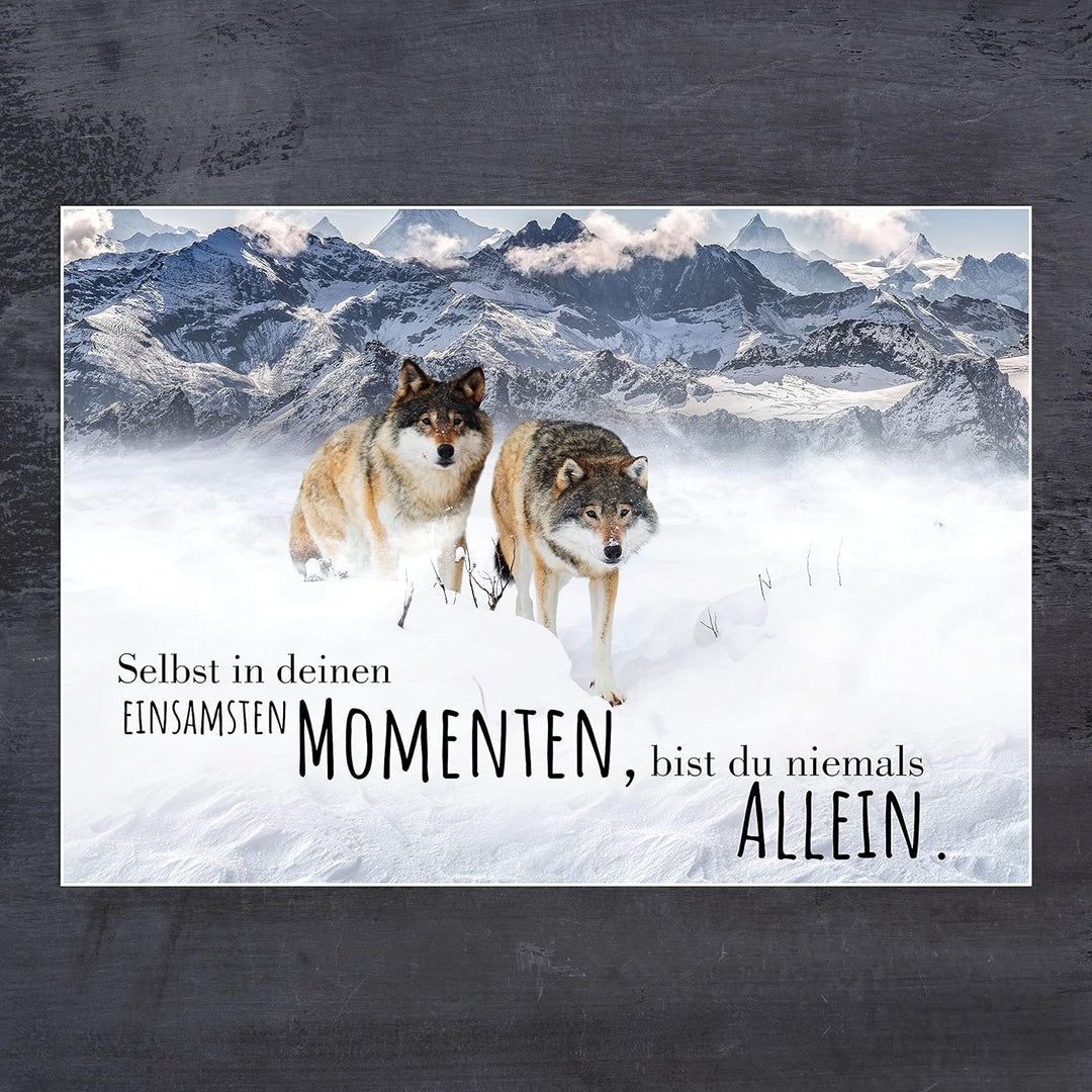 wandmotiv24 Poster als Wanddeko, Grösse 100x70cm, Wolfsrudel, Niemals allein, Wölfe, Wolf, Berge, Ti