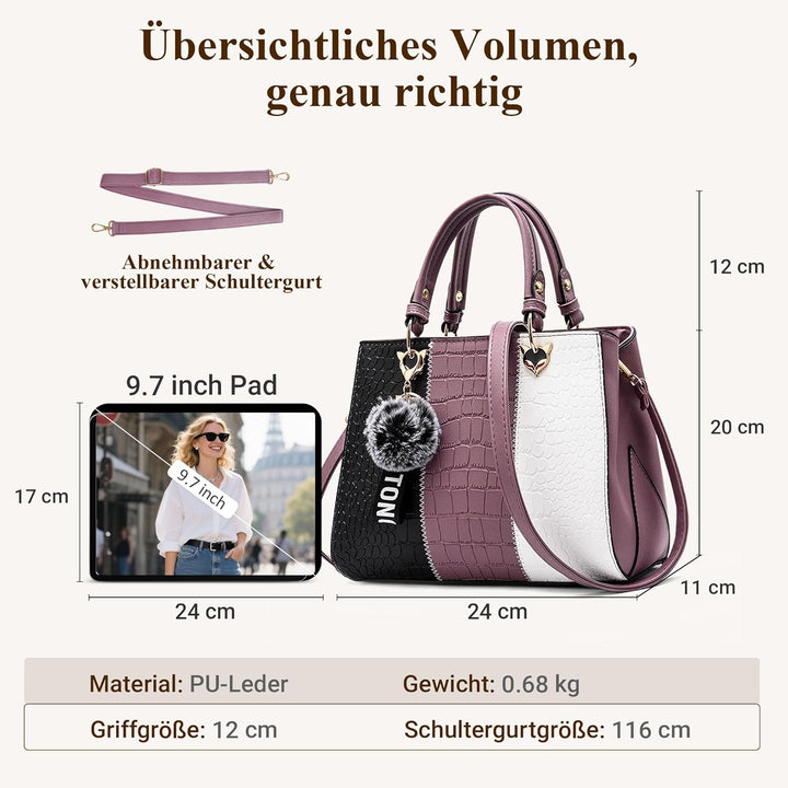 DIRRONA Elegant Damen Handtasche Farbblock Design Schultertasche Gross Kapazität Umhängetasche Beilä