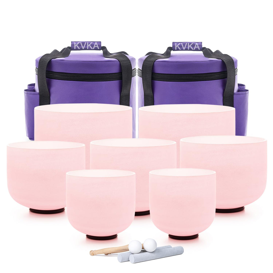 KVKA 432Hz 7-12 inch Frosted Quartz Crystal Singing Bowl Set for Yoga Meditation & Sound Therapy & C