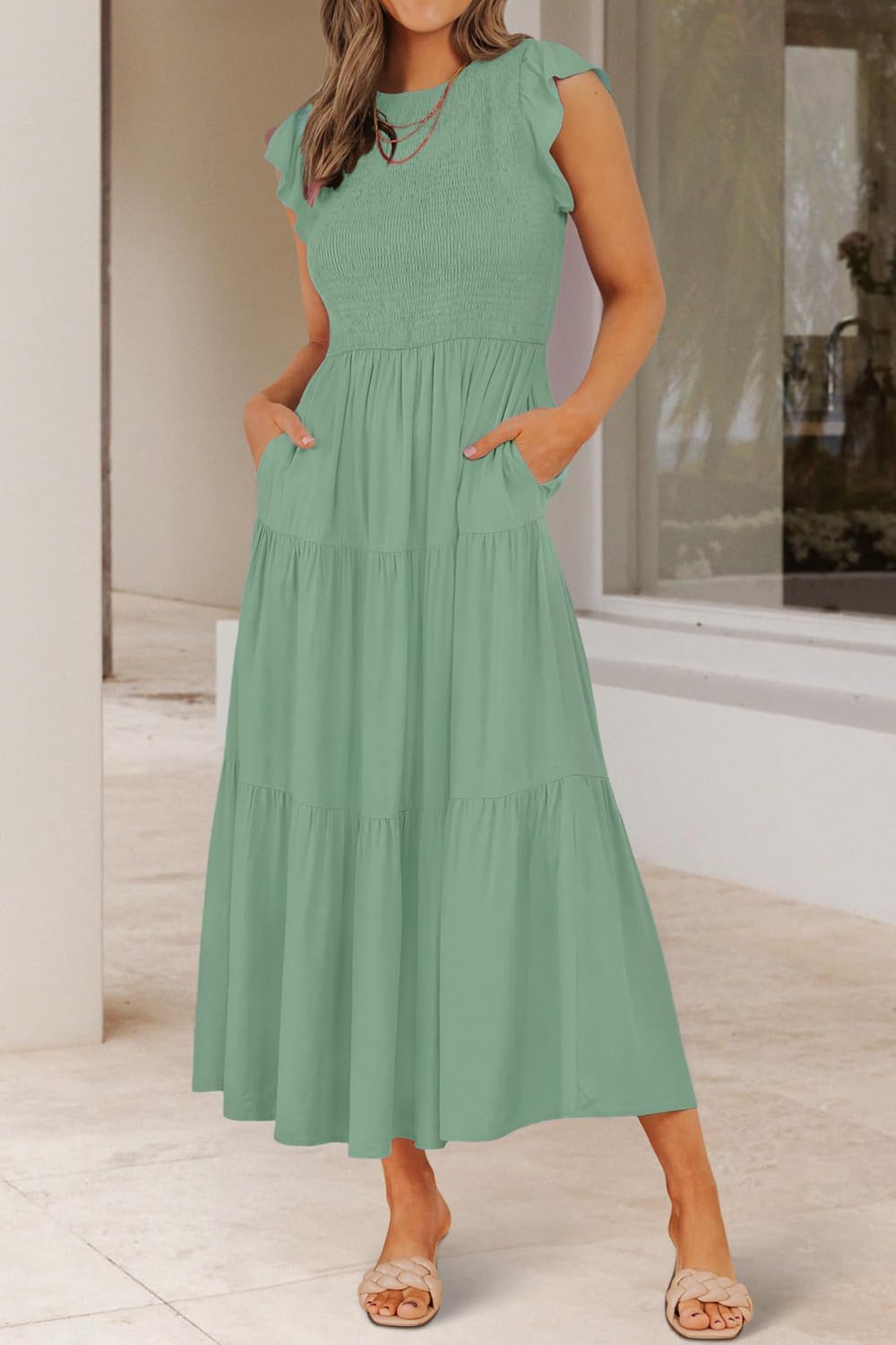 Damen Sommerkleid A Linie Kleider Kurzarm Kleid Midi Freizeitkleid S Hellgrün, S Hellgrün
