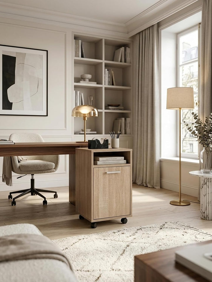 KADIMA DESIGN Rollcontainer OSSOLA: Weiss/Sonoma, 2 Türfächer, Ablagefach, Rollen mit Bremsen, Melam