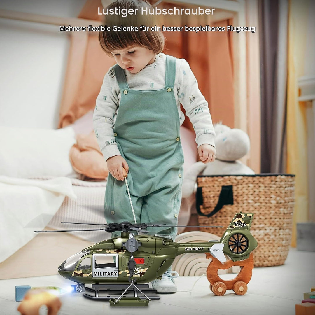Grünes Militärspielzeug mit grossem Hubschrauber, Armeespielzeug mit Lichtern und Geräuschen, Geburt