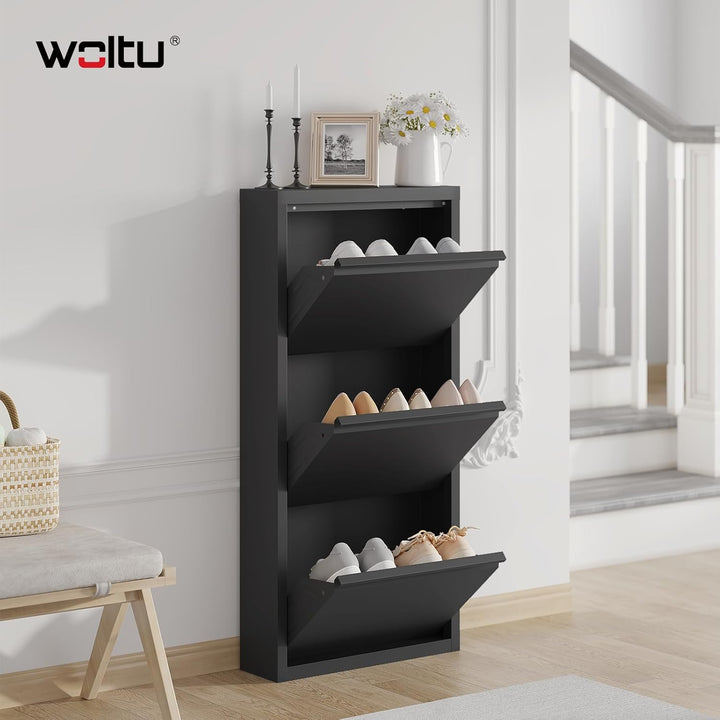 WOLTU Schuhschrank, mit 3 Klappen, Schuhregal, Schuhkipper, für 9 Paar Schuhe, aus Metall, für Flur